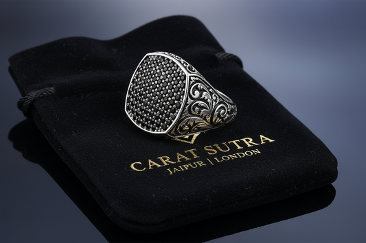 RARE PRINCE by CARAT SUTRA | Exclusive Classic Cushion Pave Ring Studded with Black Zircons, Sterling Silver 925 Ring | Jewellery for Men| With Certificate of Authenticity and 925 Hallmark - caratsutra