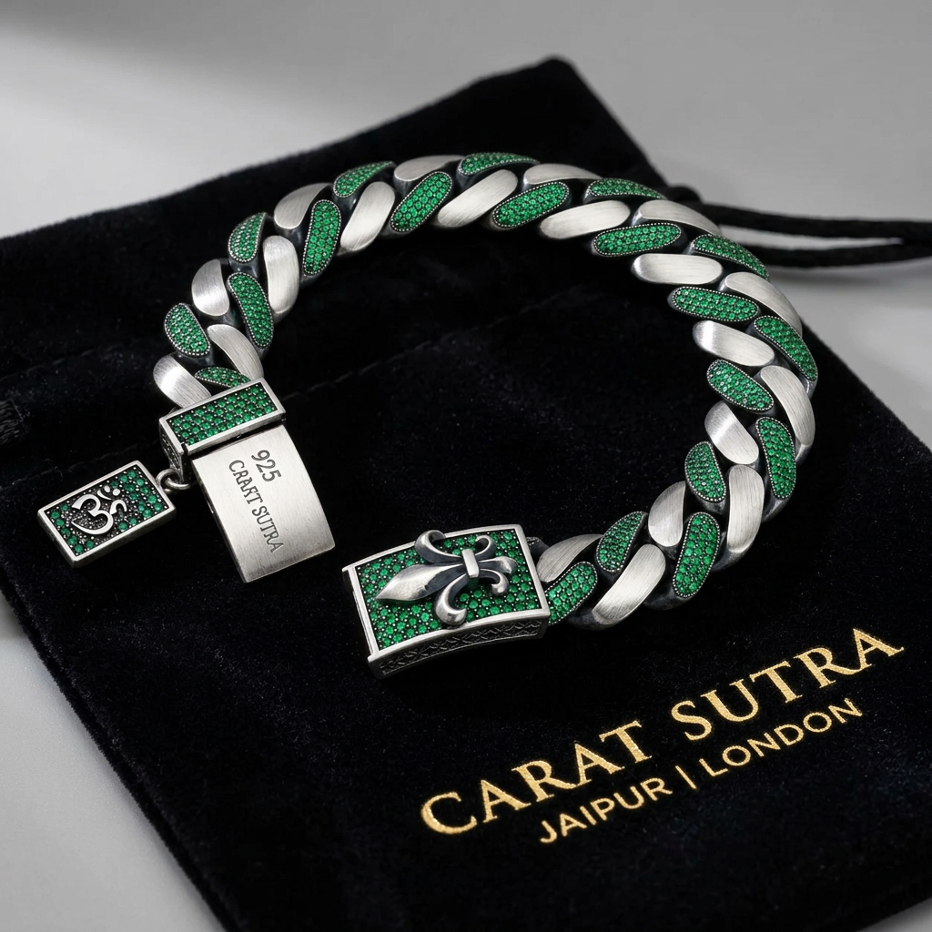 16mm wide, Unique Fleur-De-Lis natural emerald Iced Cuban Link Bracelet for Men | Dark Oxidized 925 Silver Bracelet