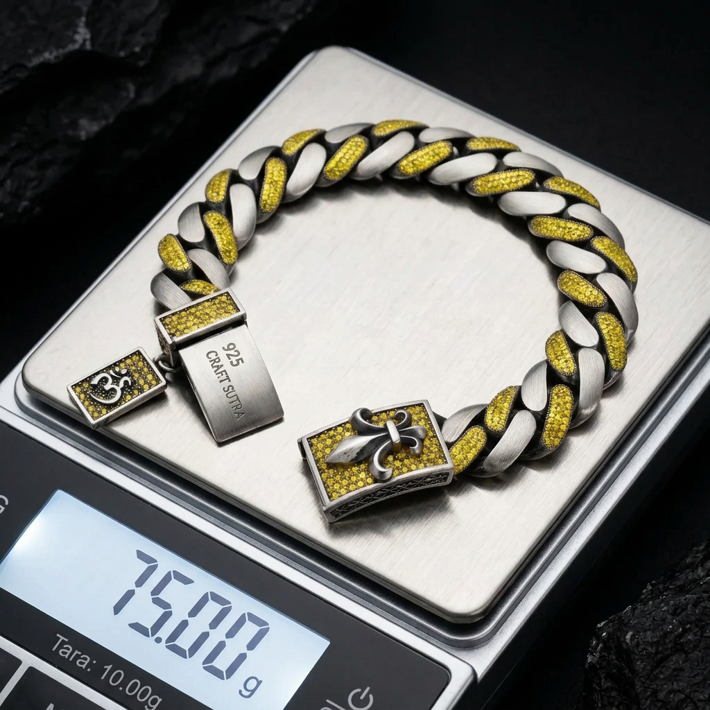 16mm wide, Unique Fleur-De-Lis natural Citrine Iced Cuban Link Bracelet for Men | Oxidized 925 Silver Bracelet
