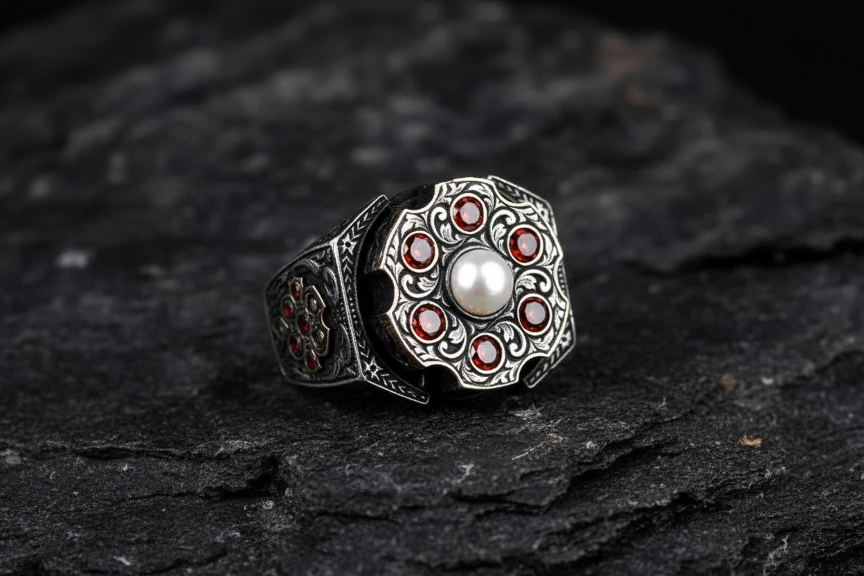 RARE PRINCE by CARAT SUTRA | Unique Designed Turkish Style Ring with 6 Stone Ruby Ring | 925 Sterling Silver Oxidized Ring | Men's Jewelry | With Certificate of Authenticity and 925 Hallmark