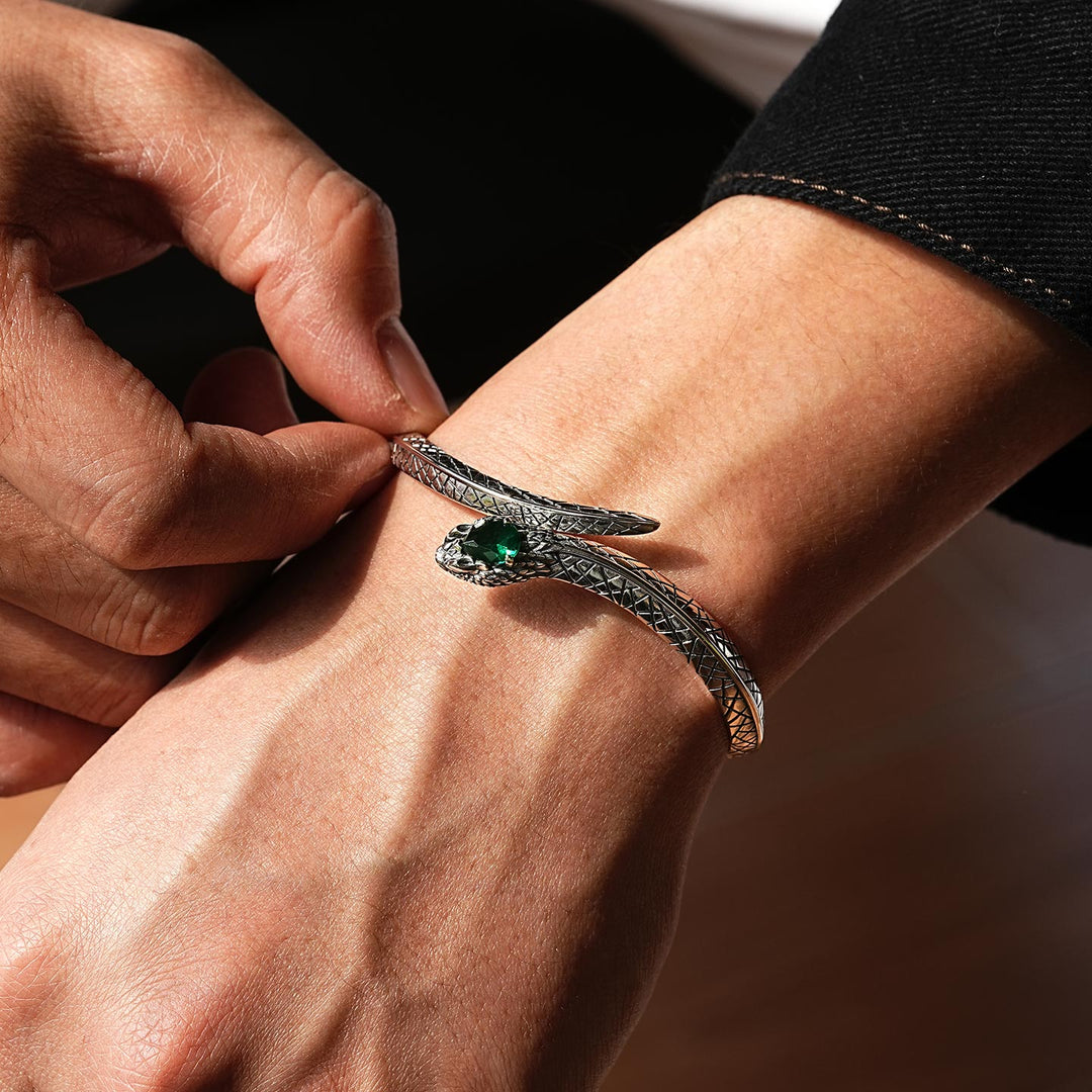Adjustable 3D Snake Bangle Bracelet with Natural Emerald Stone Eyes | 925 Sterling Silver