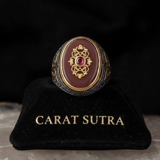 RARE PRINCE by CARAT SUTRA | Unique Turkish Style Ring with Natural Red Agate | Black Rhodium & Gold Plated 925 Sterling Silver Ring | Men's Jewelry | With Certificate of Authenticity and 925 Hallmark