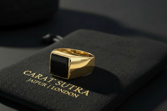 RARE PRINCE by CARAT SUTRA | Exclusive Classic Gold Signet Statement Ring with Natural Black Onyx/ Red Agate, Sterling Silver 925 Ring | Jewellery for Men| With Certificate of Authenticity and 925 Hallmark - caratsutra