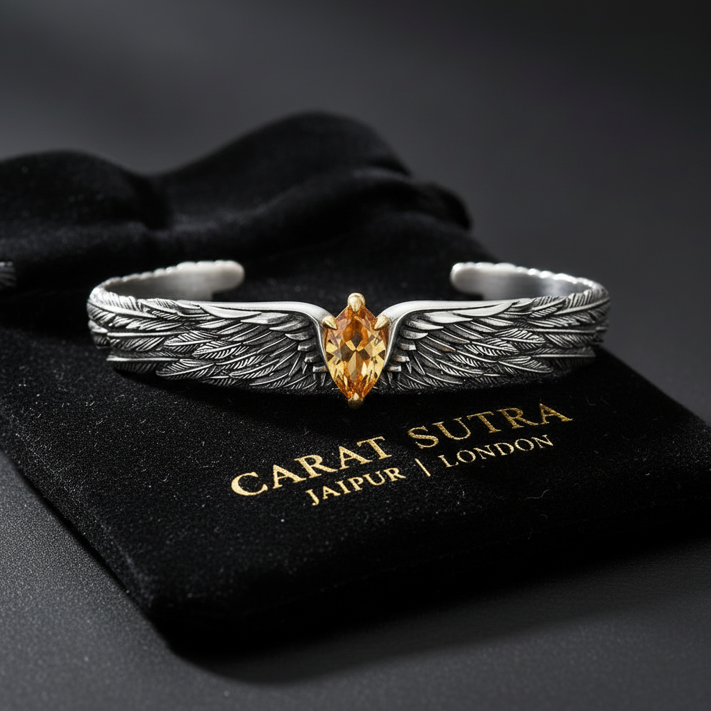 Adjustable 3D Eagle Bangle Bracelet with Natural Citrine (Sunela) Stone | 925 Sterling Silver