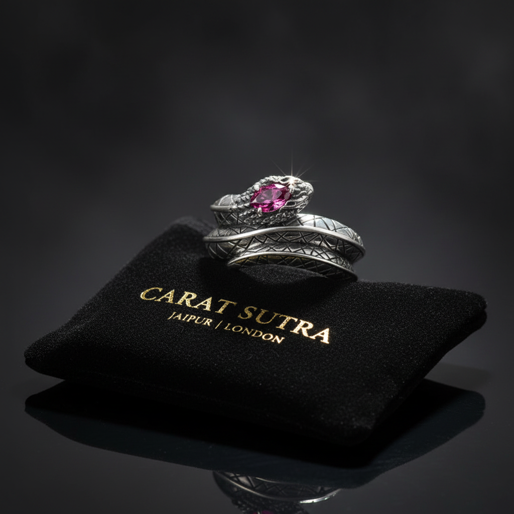 RARE PRINCE by CARAT SUTRA | Adjustable Unique Designed Snake Ring with Natural Burma Ruby | 925 Sterling Silver Oxidized Ring | With Certificate of Authenticity and 925 Hallmark