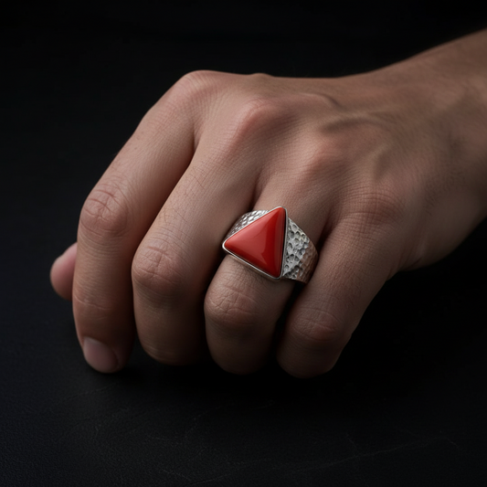 Triangular shaped 12ct Natural Red Coral (Moonga) | 925 Sterling Silver Oxidized Ring | With Certificate of Authenticity and 925 Hallmark - caratsutra