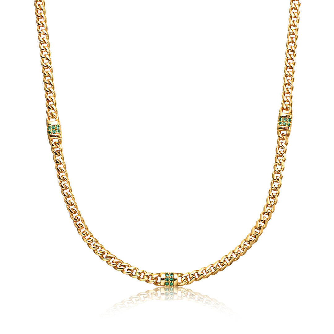 RARE PRINCE by CARAT SUTRA | Minimalist Solid 4mm Cuban Link Chain studded with Natural Emeralds | 925 Sterling Silver Chain | With Certificate of Authenticity and 925 Hallmark