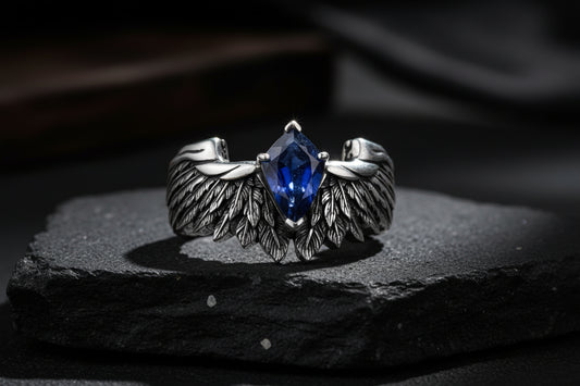 RARE PRINCE by CARAT SUTRA | Exclusive Adjustable Feather Band studded with Natural Blue Sapphire, Oxidized Sterling Silver 925 Ring | With Certificate of Authenticity and 925 Hallmark - caratsutra