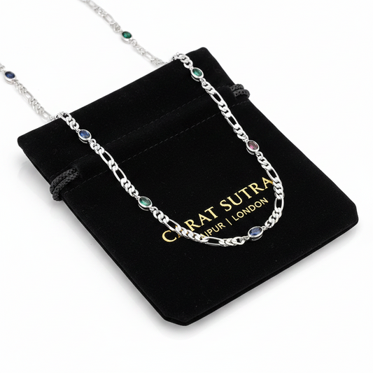 Natural Navratna 6mm Wide Solid Figaro-Cuban Link Chain |925 Sterling Silver Chain | With Certificate of Authenticity and 925 Hallmark - caratsutra