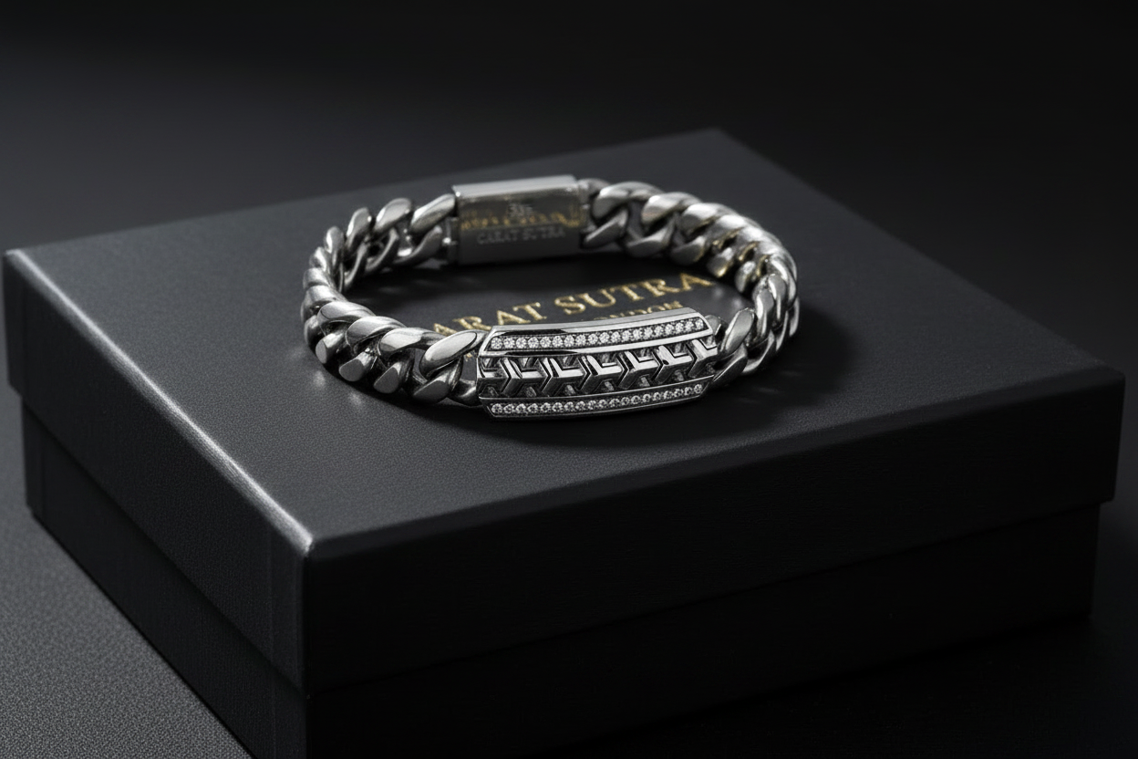 14mm Wide Solid Cuban - Armor Bracelet Studded with Swarovski Diamond | 925 Sterling Silver