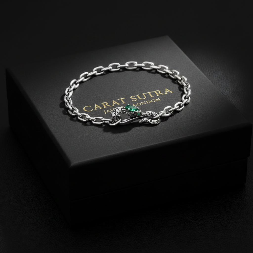 Adjustable 3D Snake Bangle Bracelet with Natural Emerald Stone Eyes | 925 Sterling Silver