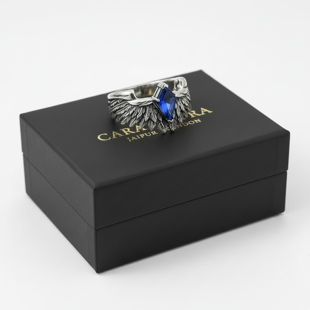 RARE PRINCE by CARAT SUTRA | Exclusive Adjustable Feather Band studded with Natural Blue Sapphire, Oxidized Sterling Silver 925 Ring | With Certificate of Authenticity and 925 Hallmark