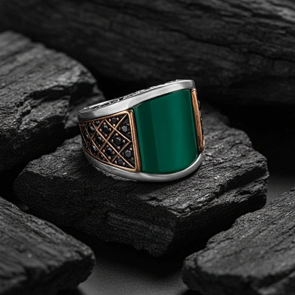 RARE PRINCE by CARAT SUTRA | Unique Designed Turkish Style Curved Ring with Green Onyx | 925 Sterling Silver Gold Plated Ring | Men's Jewelry | With Certificate of Authenticity and 925 Hallmark - caratsutra