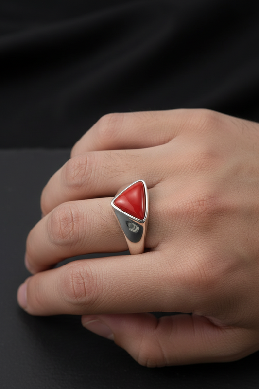 Triangular shaped 8ct Natural Red Coral (Moonga) | 925 Sterling Silver Oxidized Ring | With Certificate of Authenticity and 925 Hallmark - caratsutra