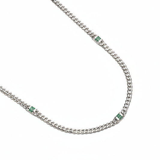RARE PRINCE by CARAT SUTRA | Minimalist Solid 4mm Cuban Link Chain studded with Natural Emeralds | 925 Sterling Silver Chain | With Certificate of Authenticity and 925 Hallmark - caratsutra
