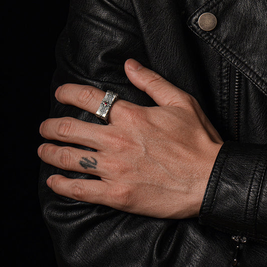 Square Emblem Silver Band | 925 Sterling, studded with Original Ruby