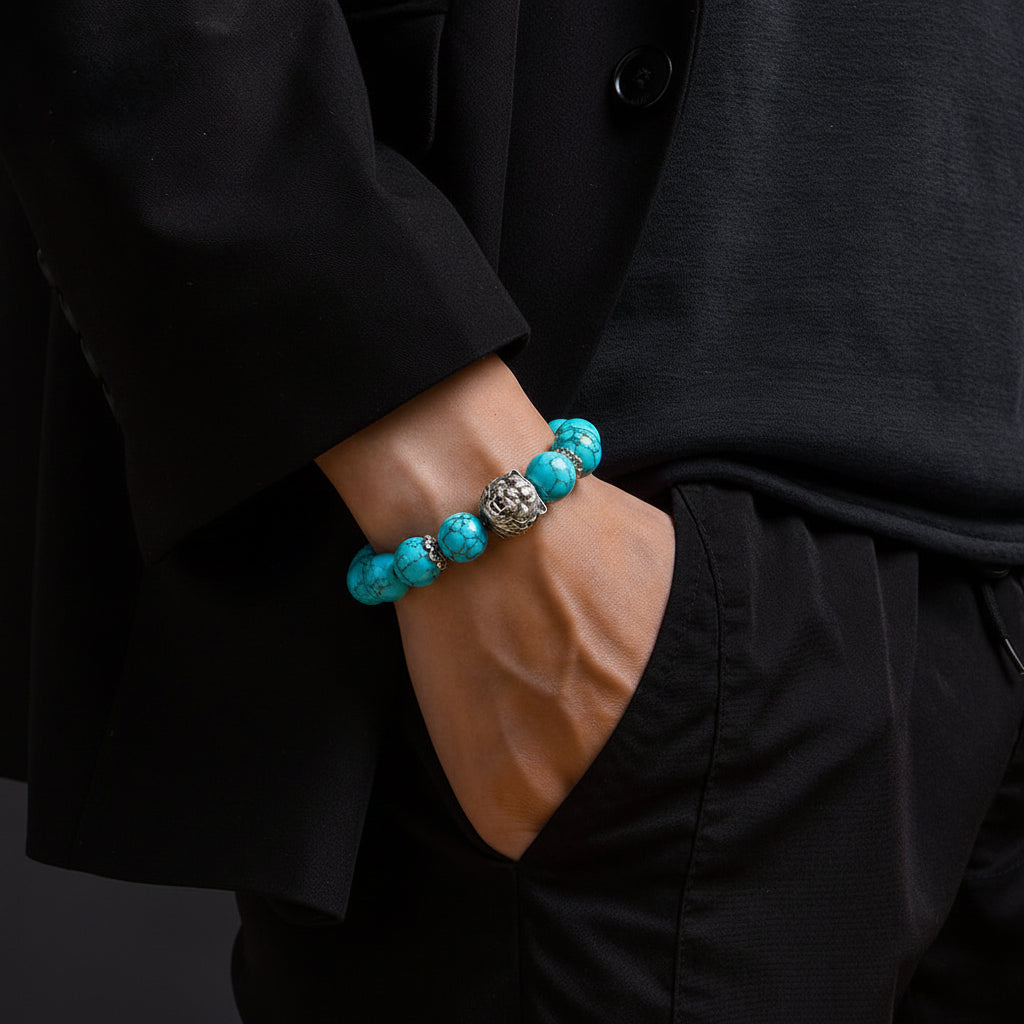 Vintage Oxidized Tiger Face Irani Turquoise Beads Bracelet | 925 Sterling Silver