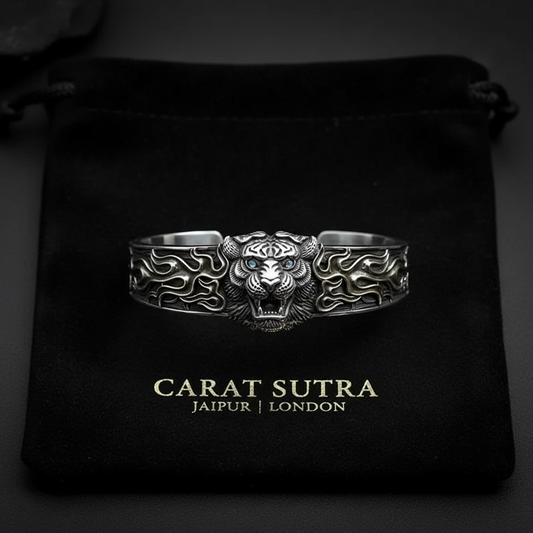 RARE PRINCE by CARAT SUTRA | Unique 925 Silver Oxidized Tiger Cuff Bracelet with Blue Eyes | Bracelet for Men | 925 Sterling Silver Cuff | Men's Jewelry | With Certificate of Authenticity and 925 Hallmark