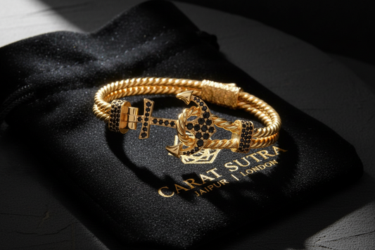 Twined Solid Anchor Bangle Bracelet for Men, 925 Sterling Silver/ 22kt Micron Gold Plated Silver Bracelet| With Certificate of Authenticity and 925 Hallmark - caratsutra