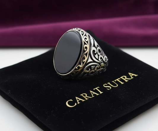 RARE PRINCE by CARAT SUTRA | Unique Turkish Style Ring with Natural Black Onyx | 925 Sterling Silver Oxidized Ring | Men's Jewelry | With Certificate of Authenticity and 925 Hallmark