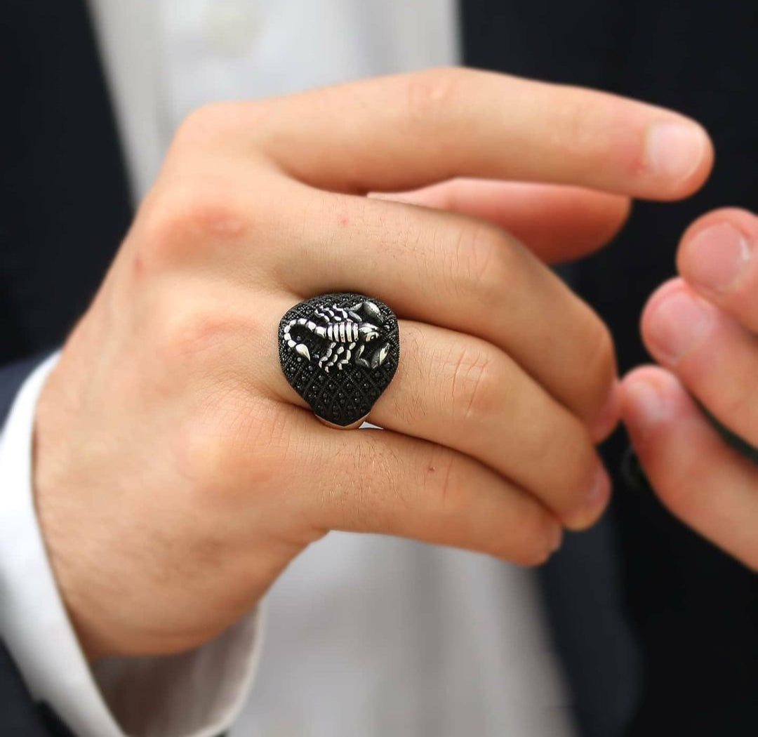 RARE PRINCE by CARAT SUTRA | Unique Turkish Style Oxidised Silver Ring with Black Zircon| 925 Sterling Silver Oxidized Ring | Men's Jewelry | With Certificate of Authenticity and 925 Hallmark