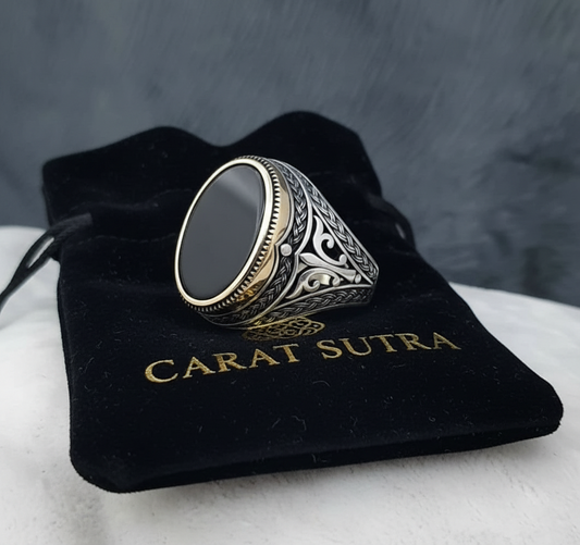 RARE PRINCE by CARAT SUTRA | Unique Turkish Style Ring with Natural Black Onyx | 925 Sterling Silver Oxidized Ring | Men's Jewelry | With Certificate of Authenticity and 925 Hallmark