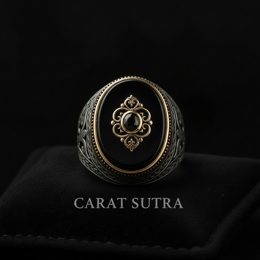 RARE PRINCE by CARAT SUTRA | Unique Turkish Style Ring with Natural Black Onyx | 925 Sterling Silver Oxidized Ring | Men's Jewelry | With Certificate of Authenticity and 925 Hallmark