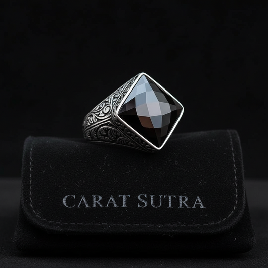 RARE PRINCE by CARAT SUTRA | Unique Turkish Style Ring with Faceted Natural Black Onyx | 925 Sterling Silver Oxidized Ring | Men's Jewelry | With Certificate of Authenticity and 925 Hallmark