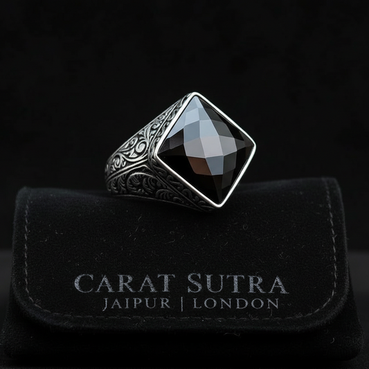 RARE PRINCE by CARAT SUTRA | Unique Turkish Style Ring with Faceted Natural Black Onyx | 925 Sterling Silver Oxidized Ring | Men's Jewelry | With Certificate of Authenticity and 925 Hallmark - caratsutra