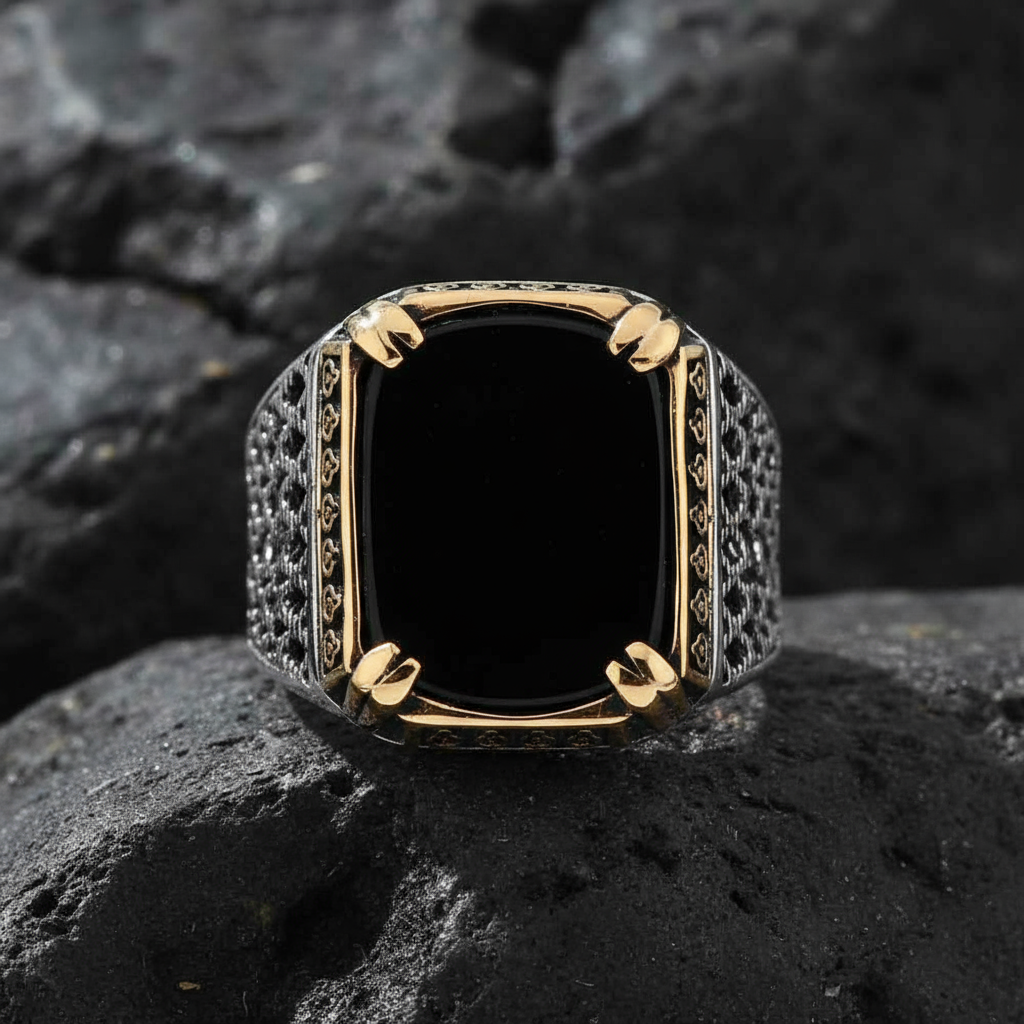 RARE PRINCE by CARAT SUTRA | Unique Turkish Style Ring with Natural Black Onyx | 925 Sterling Silver Oxidized Ring | Men's Jewelry | With Certificate of Authenticity and 925 Hallmark - caratsutra