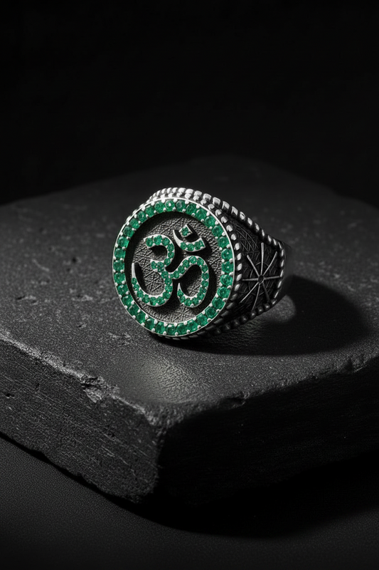Exclusive Oxidised Signet Style OM Ring studded with Natural Emerald Stone, Sterling Silver 925 Ring | With Certificate of Authenticity and 925 Hallmark