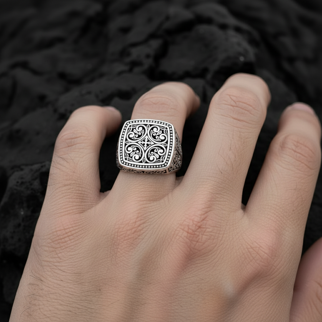 RARE PRINCE by CARAT SUTRA | Exclusive Byzantine Style Signet Ring for Men, Oxidized Sterling Silver 925 Ring | Jewellery for Men| With Certificate of Authenticity and 925 Hallmark - caratsutra