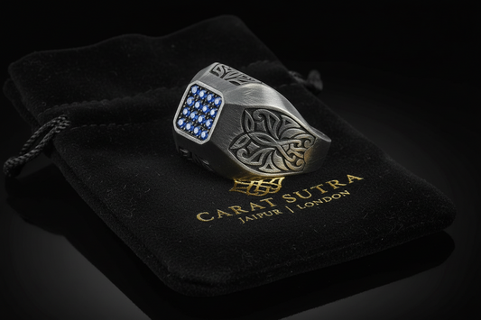 RARE PRINCE by CARAT SUTRA | Exclusive Signet Style Ring Studded with Blue Zircons for Men, Oxidized Sterling Silver 925 Ring | Jewellery for Men| With Certificate of Authenticity and 925 Hallmark - caratsutra