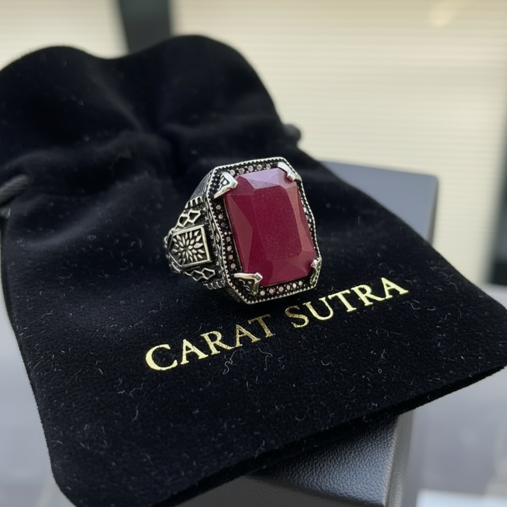 RARE PRINCE by CARAT SUTRA | Unique Handmade Turkish Style Ring Studded with Natural Ruby | Oxidized 925 Sterling Silver Ring | Men's Jewelry | With Certificate of Authenticity and 925 Hallmark