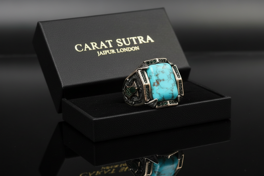 Turkish Style Ring with 15ct Natural Irani Origin Turquoise | 925 Sterling Silver Oxidized Ring |With Certificate of Authenticity and 925 Hallmark - caratsutra