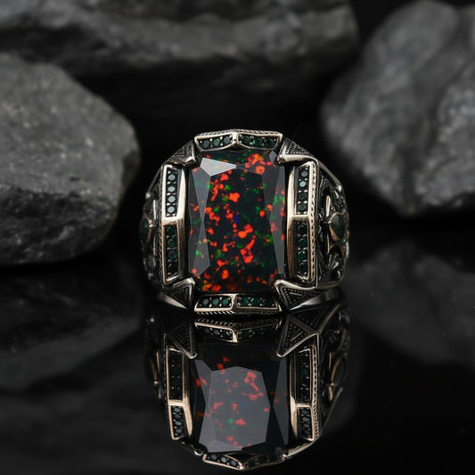 Unique Designed Turkish Style Ring with 15Ct Natural Black Fire Opal | Oxidized Ring - caratsutra