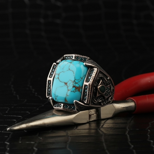 Turkish Style Ring with 15ct Natural Irani Origin Turquoise | 925 Sterling Silver Oxidized Ring |With Certificate of Authenticity and 925 Hallmark