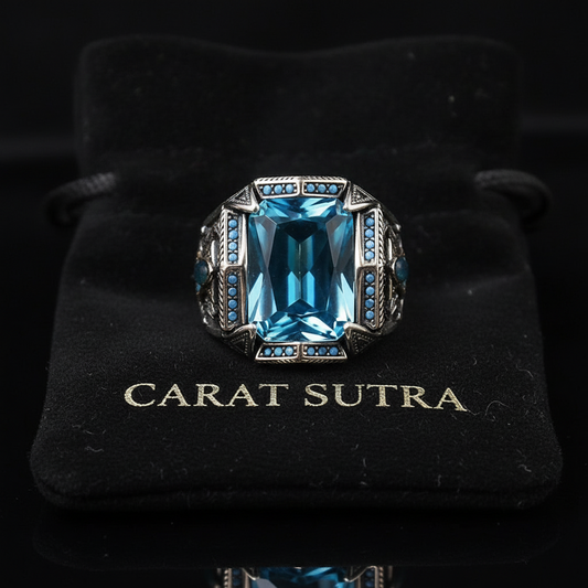 RARE PRINCE by CARAT SUTRA | Unique Designed Turkish Style Heavy Ring with Blue Topaz | 925 Sterling Silver Oxidized Ring | Men's Jewelry | With Certificate of Authenticity and 925 Hallmark
