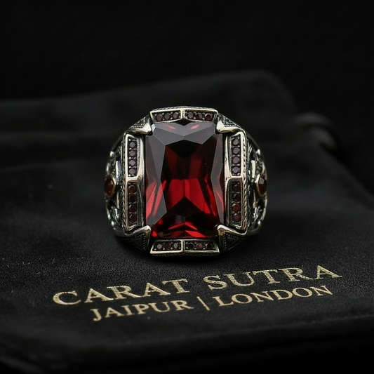 RARE PRINCE by CARAT SUTRA | Unique Designed Turkish Style Heavy Ring with Red Zircon | 925 Sterling Silver Oxidized Ring | Men's Jewelry | With Certificate of Authenticity and 925 Hallmark - caratsutra