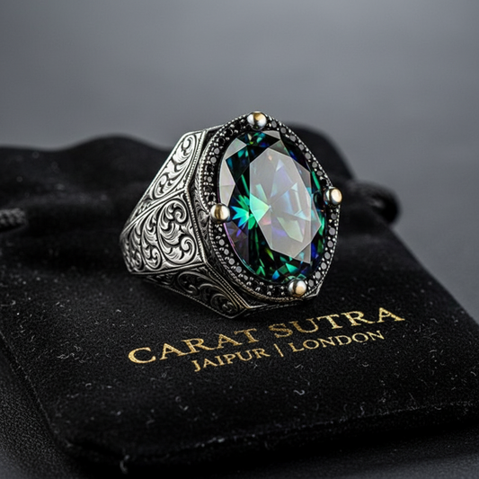 RARE PRINCE by CARAT SUTRA | Unique Designed Turkish Style Heavy Ring with Multicolored Alexandrite | 925 Sterling Silver Oxidized Ring | Men's Jewelry | With Certificate of Authenticity and 925 Hallmark - caratsutra