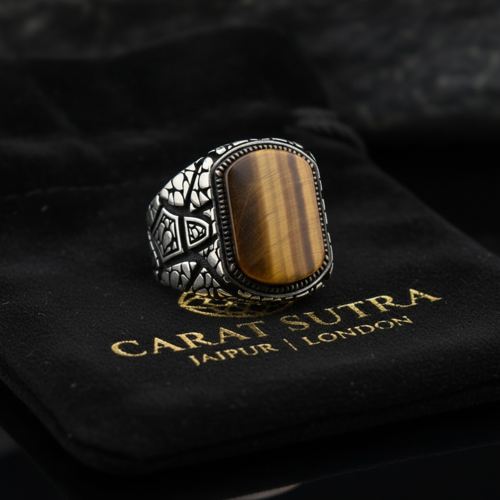 RARE PRINCE by CARAT SUTRA | Unique Designed Turkish Style Ring with Natural Tiger Eye | 925 Sterling Silver Oxidized Ring | Men's Jewelry | With Certificate of Authenticity and 925 Hallmark
