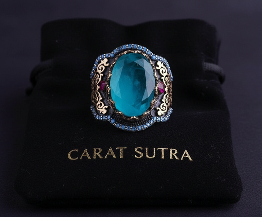 RARE PRINCE by CARAT SUTRA | Unique Designed Turkish Style Heavy Ring with Blue Topaz | 22kt Gold Micron & Black Rhodium Plated 925 Sterling Silver Ring | Men's Jewelry | With Certificate of Authenticity and 925 Hallmark