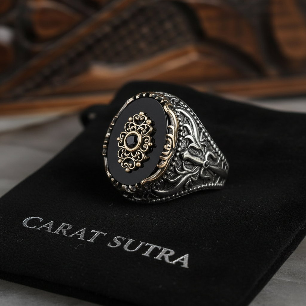 RARE PRINCE by CARAT SUTRA | Unique Designed Turkish Style Ring with Natural Black Onyx | 925 Sterling Silver Oxidized Ring | Men's Jewelry | With Certificate of Authenticity and 925 Hallmark