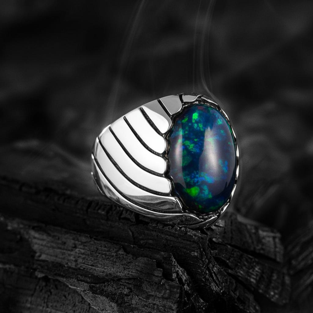 Unique Designed Turkish Style Ring with 12ct Natural Fire Black Opal | 925 Sterling Silver Oxidized Ring | With Certificate of Authenticity and 925 Hallmark
