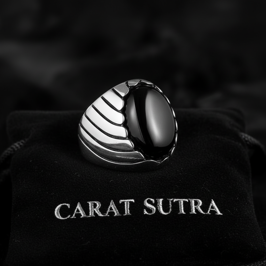 RARE PRINCE by CARAT SUTRA | Unique Designed Turkish Style Ring with Natural Black Onyx , 925 Sterling Silver Oxidized Ring | Men's Jewelry | With Certificate of Authenticity and 925 Hallmark
