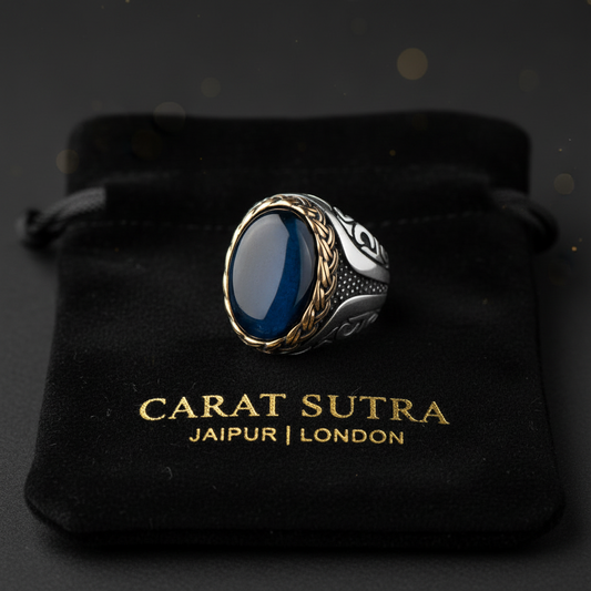 RARE PRINCE by CARAT SUTRA | Unique Designed Turkish Style Ring with Blue Sapphire | 925 Sterling Silver Oxidized Ring | Men's Jewelry | With Certificate of Authenticity and 925 Hallmark - caratsutra