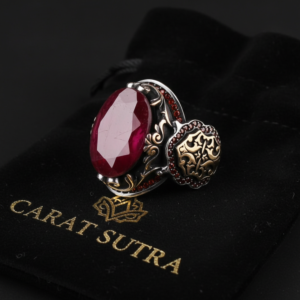 RARE PRINCE by CARAT SUTRA | Unique Designed Turkish Style Heavy Ring with Natural Red Ruby | 22kt Gold Micron Plated 925 Sterling Silver Oxidized Ring | Men's Jewelry | With Certificate of Authenticity and 925 Hallmark - caratsutra