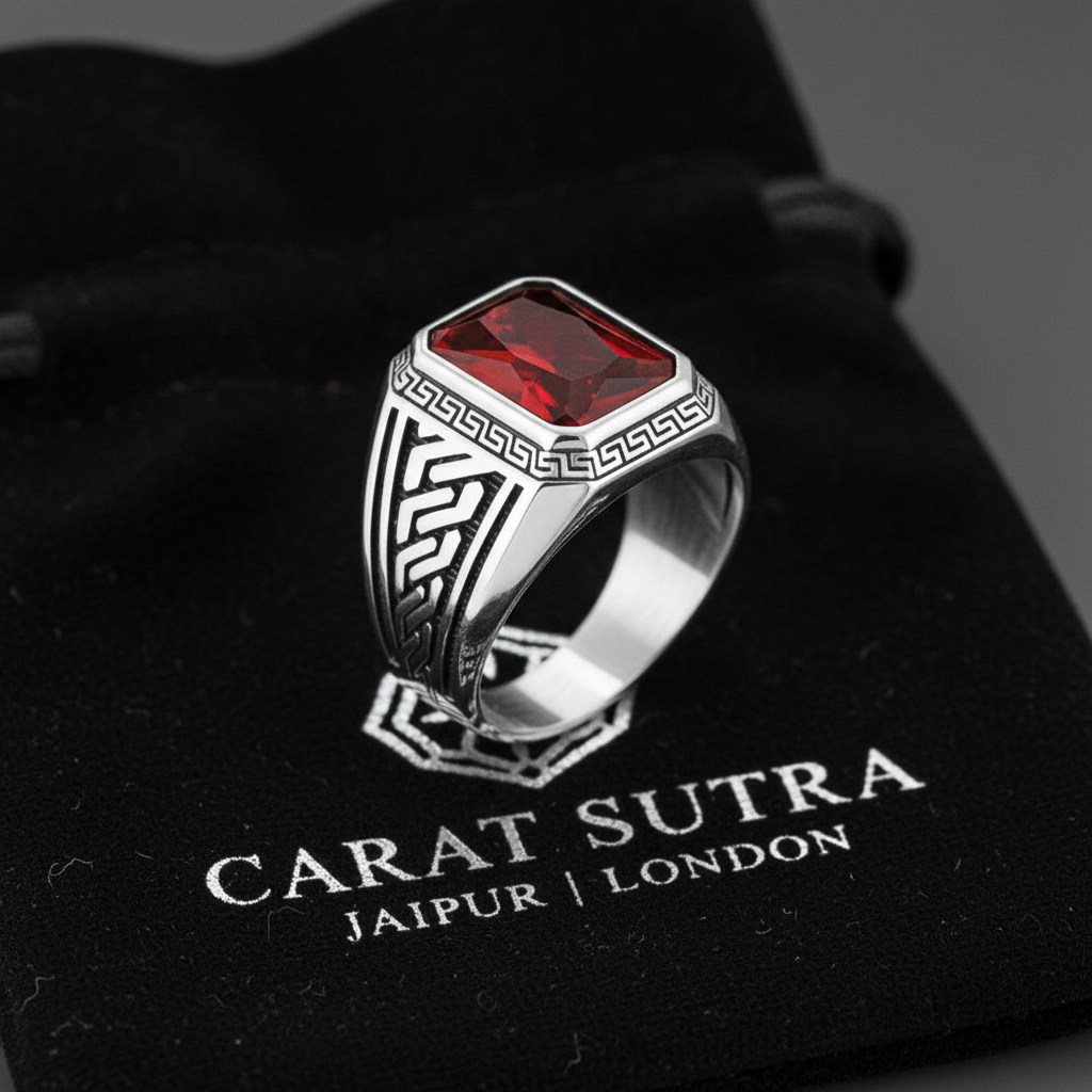 RARE PRINCE by CARAT SUTRA | Unique Versace Designed Turkish Style Ring with Red Zircon , 925 Sterling Silver Oxidized Ring | Men's Jewelry | With Certificate of Authenticity and 925 Hallmark - caratsutra