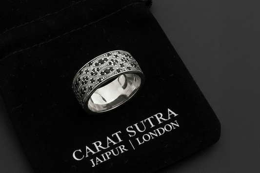 RARE PRINCE by CARAT SUTRA | Exclusive Streamline Band Ring Studded with Black Swarovski for Men, Oxidized Sterling Silver 925 Ring | Jewellery for Men| With Certificate of Authenticity and 925 Hallmark - caratsutra