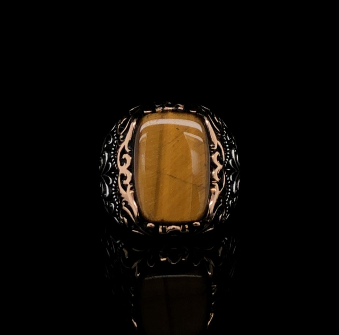 RARE PRINCE by CARAT SUTRA | Unique Designed Turkish Style Ring with Natural Tiger Eye | 925 Sterling Silver Oxidized Ring | Men's Jewelry | With Certificate of Authenticity and 925 Hallmark